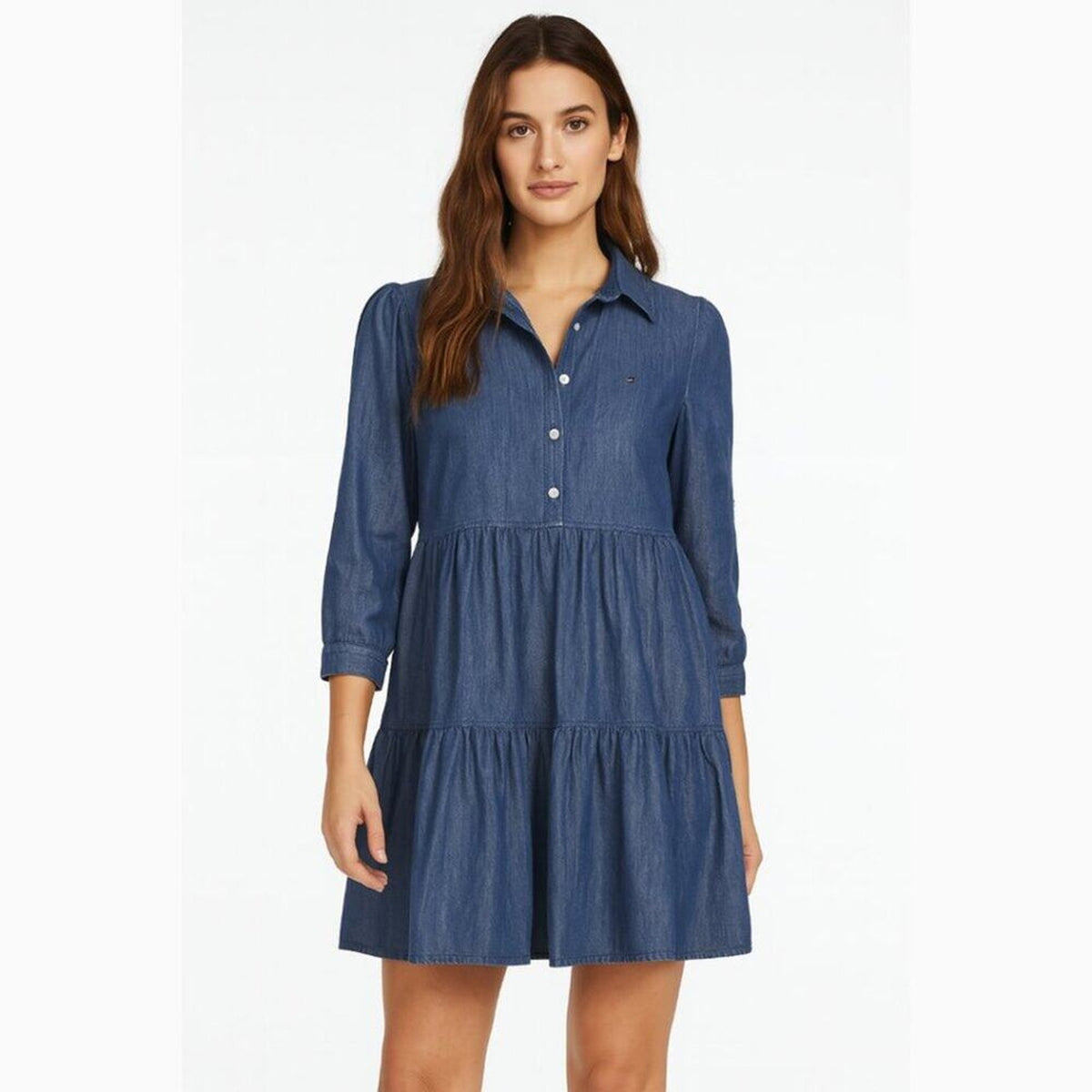 A448 • Chambray Tiered Button Front Shirt Mini Dress