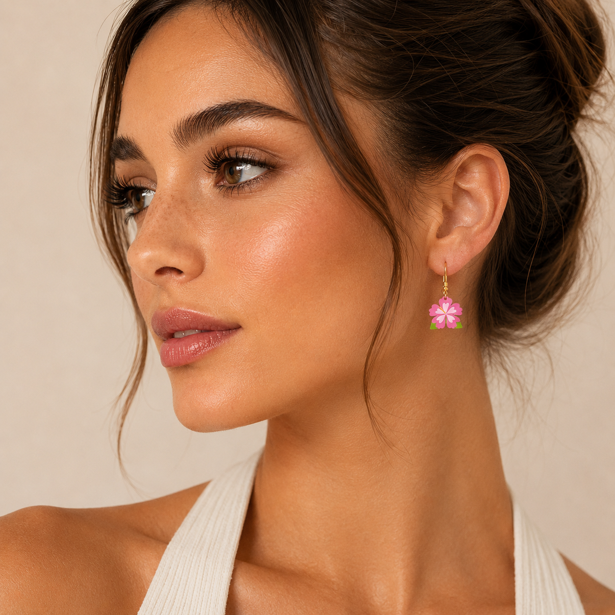 A443-A • Pink Hibiscus Flower Drop Earrings