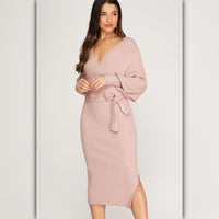 A492 • Misty Pink Wrap Knit Midi Sweater Dress