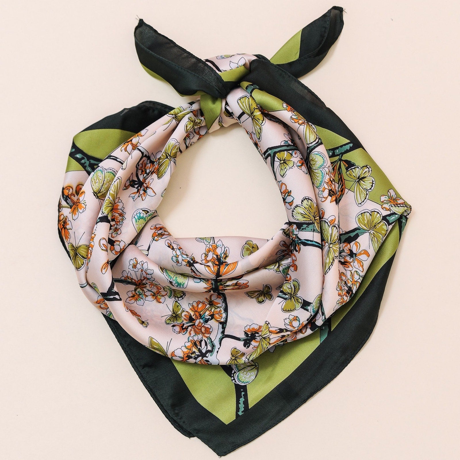 A218-X • Spring Blossom Floral Butterfly Silky Bandana Scarf