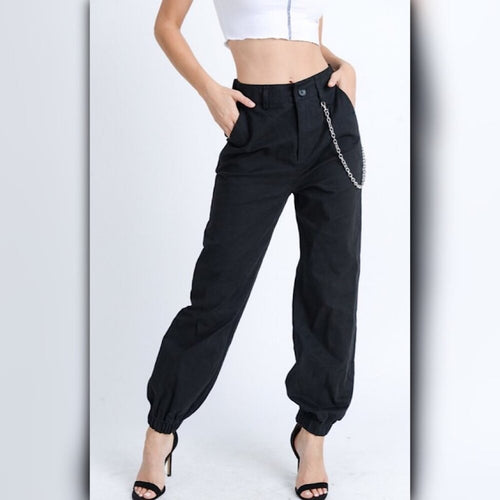 A910 • Black Wallet Chain Cargo Jogger Pants