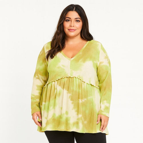 A518 • Green Tie-Dye Textured Waffle Knit Babydoll V-Neck Long Sleeve Top