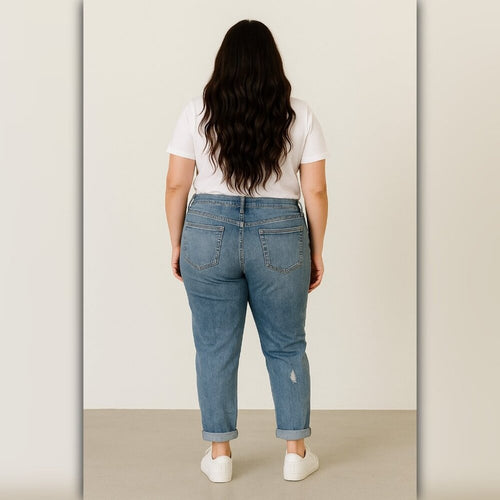 A441 • Distressed Mid Rise Boyfriend Jeans Medium Wash Denim