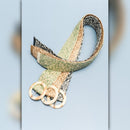 Woven belt with gold hardware on a light blue background