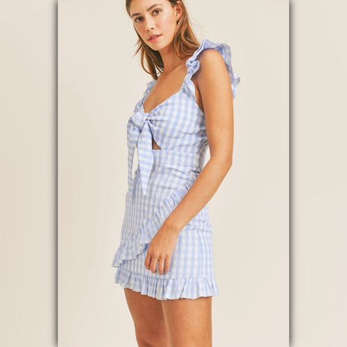 A151 • Mable Blue Gingham Ruffle Tie-Front Mini Dress