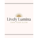 A minimalist cream-colored product box or card featuring the brand name 'Lively Lumina' in dark gray serif text, a gold sunburst graphic above, and the phrase 'OWN YOUR GLOW' in gold sans-serif text.