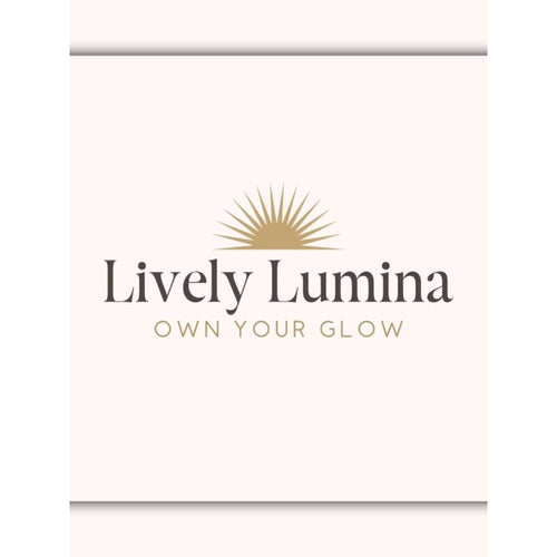 A minimalist cream-colored product box or card featuring the brand name 'Lively Lumina' in dark gray serif text, a gold sunburst graphic above, and the phrase 'OWN YOUR GLOW' in gold sans-serif text.