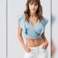 A068 • Chambray Tie Back Ruffle Crop Top
