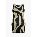 Black and beige zebra-striped dress on a white background