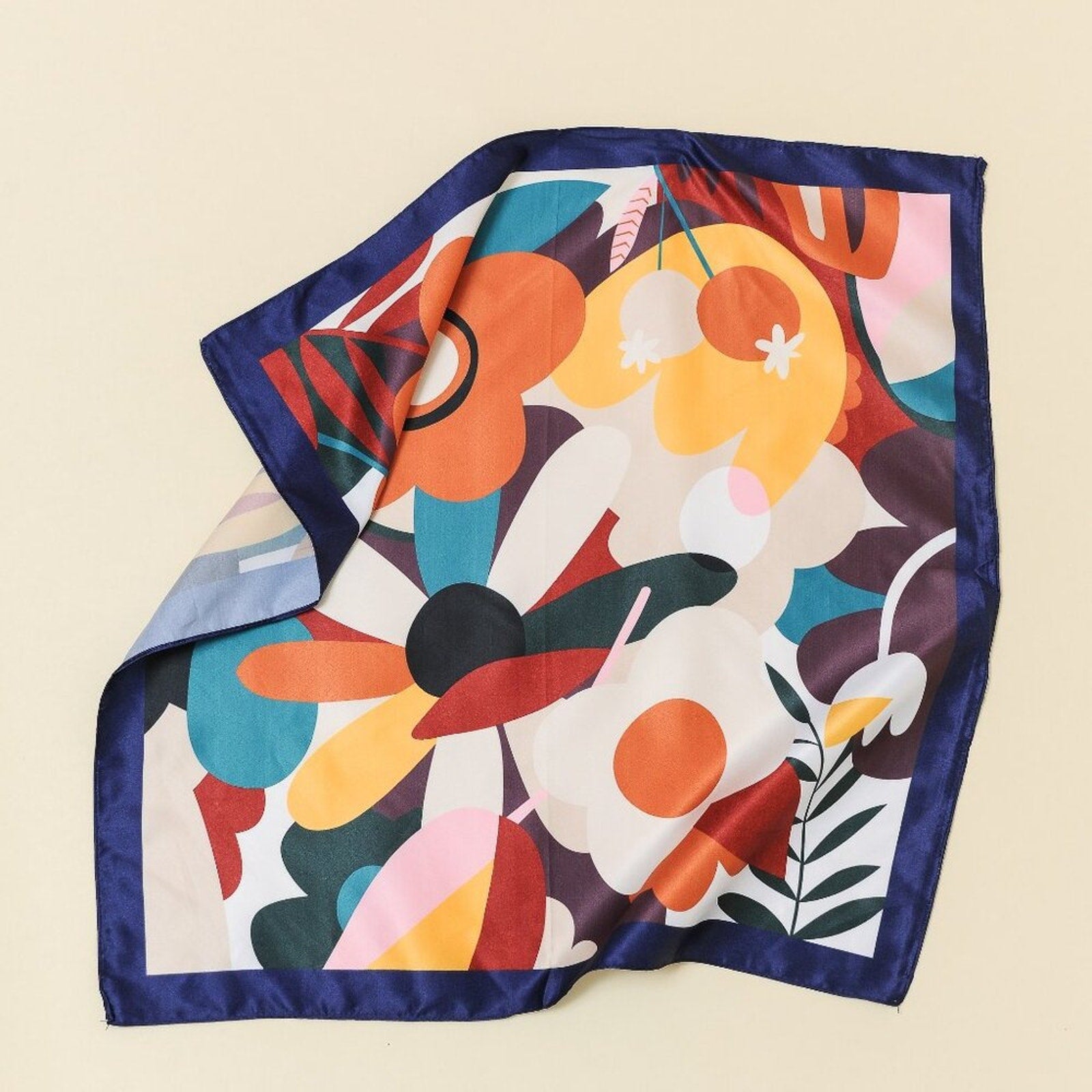 A218-F • Bold Botanical Silky Bandana Scarf Square Floral Satin Feel Multicolor Navy Border