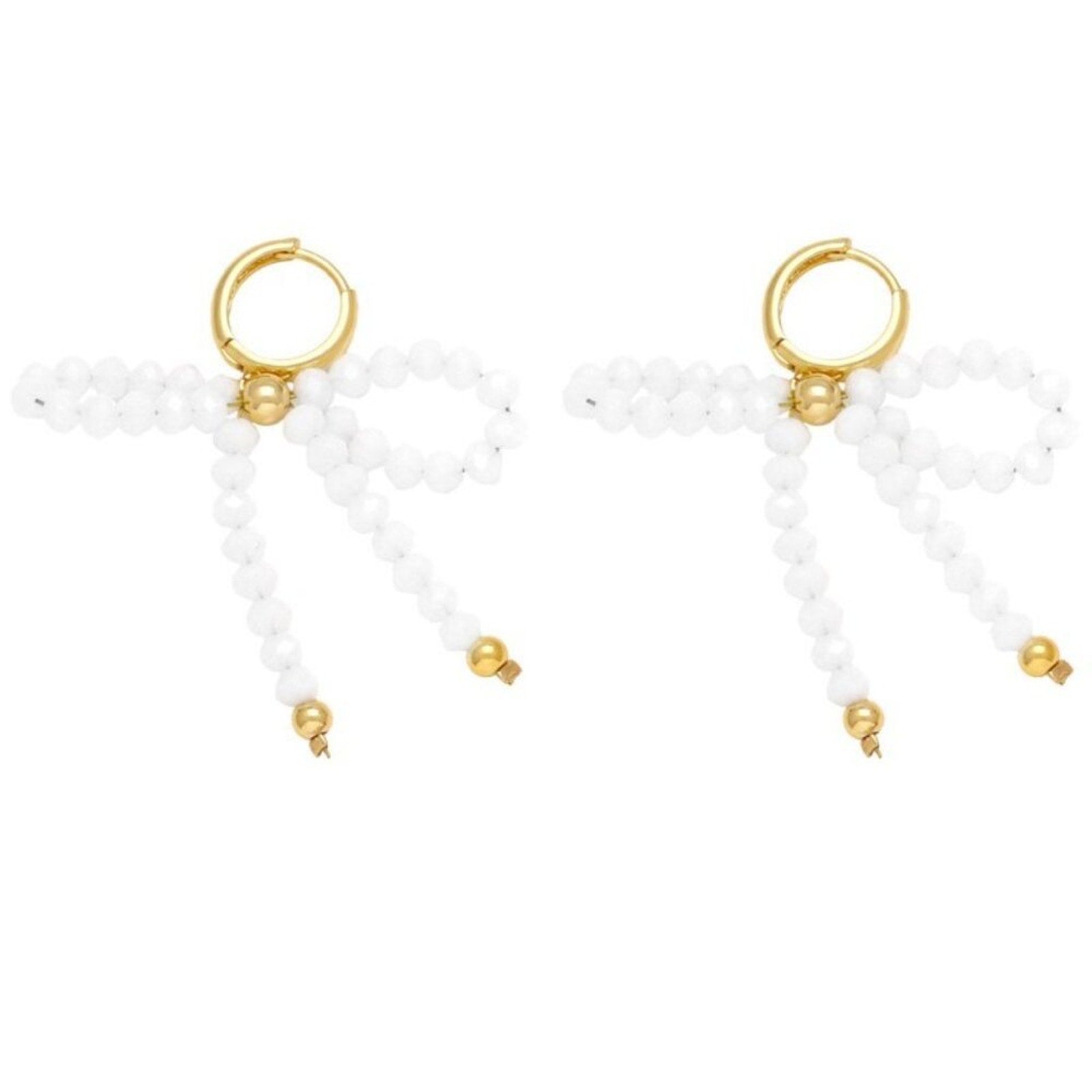 A501 • White Beaded Bow Drop Earrings Gold Hoop Statement