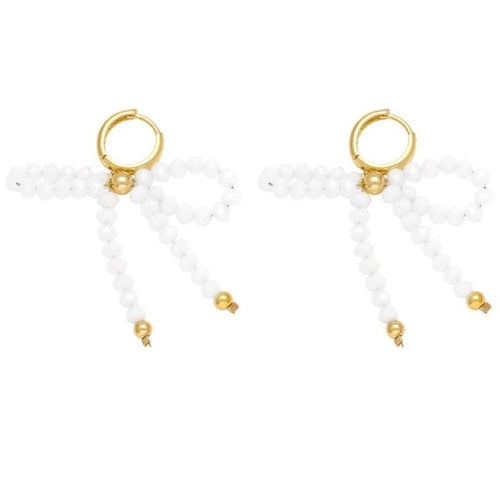 A501 • White Beaded Bow Drop Earrings Gold Hoop Statement