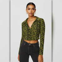 A498 • Green Zebra Print Collared Crop Top