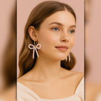 A501 • Pink Beaded Bow Drop Earrings Gold Hoop Statement