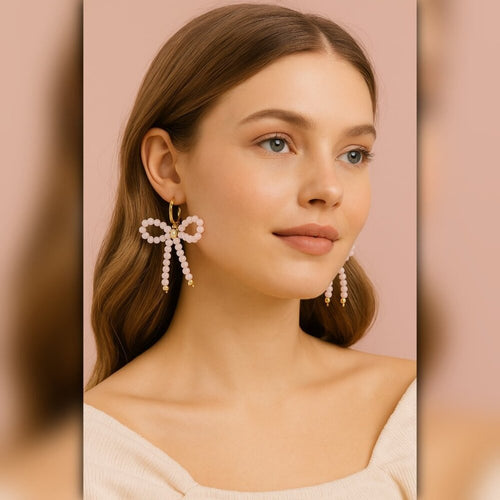 A501 • Pink Beaded Bow Drop Earrings Gold Hoop Statement