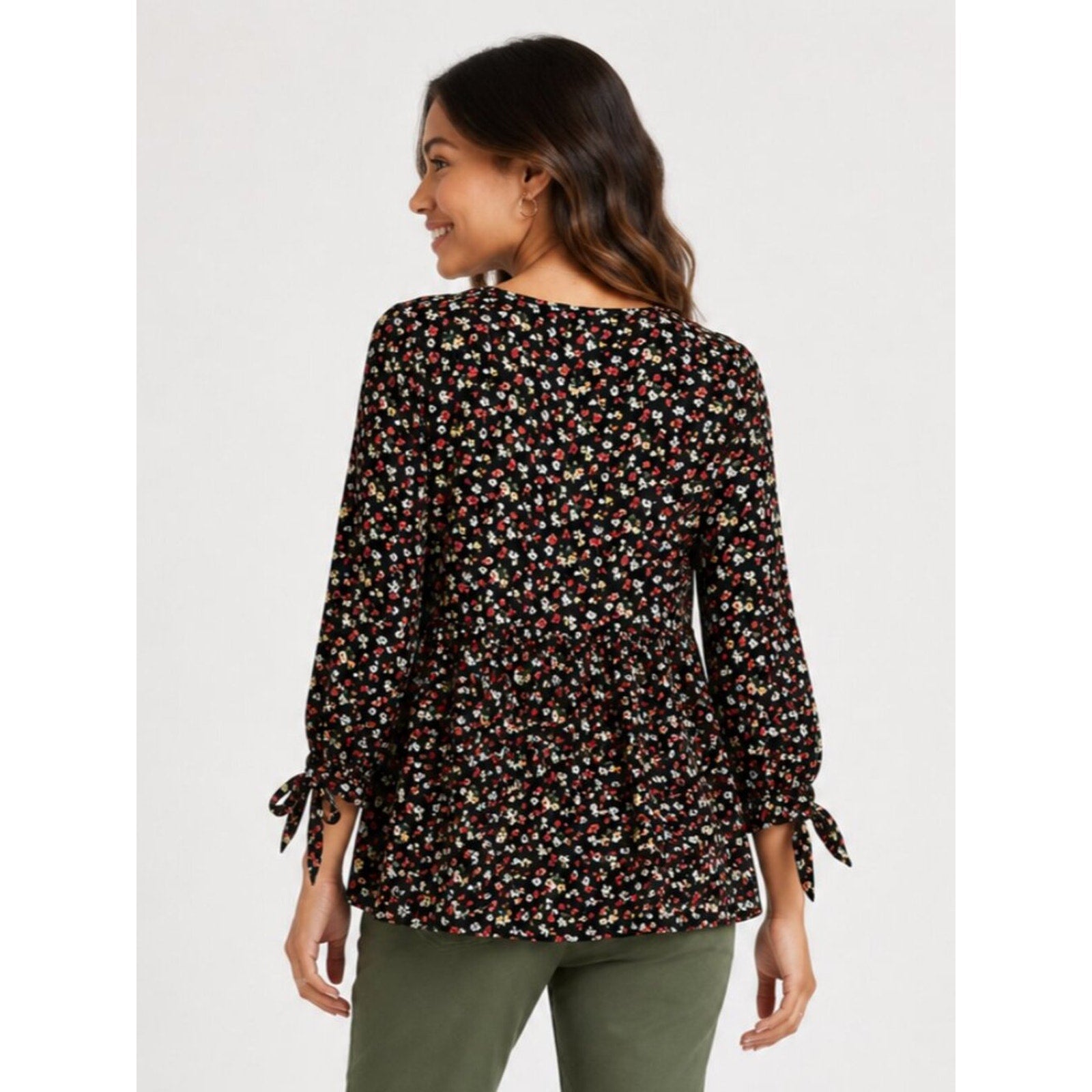 A291 • Black Floral Long Sleeve Peplum Blouse