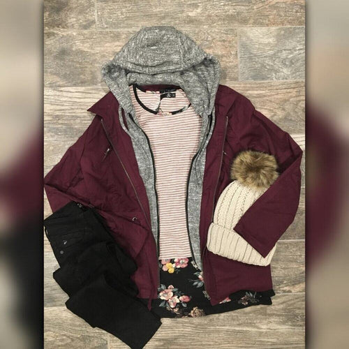 A087 • Wine Utility Anorak Jacket With Hooded Layer