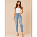 Woman wearing light blue jeans and a white top on a beige background