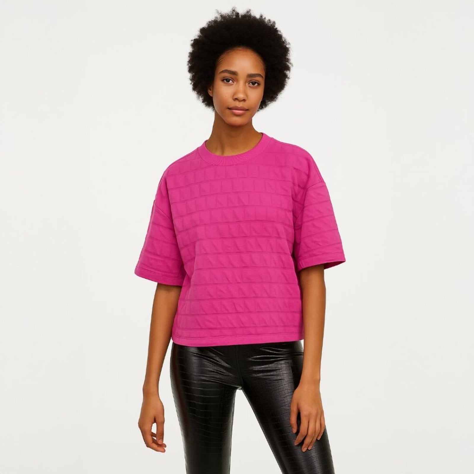 A279 • Fuchsia Textured Boxy Crew Neck Tee