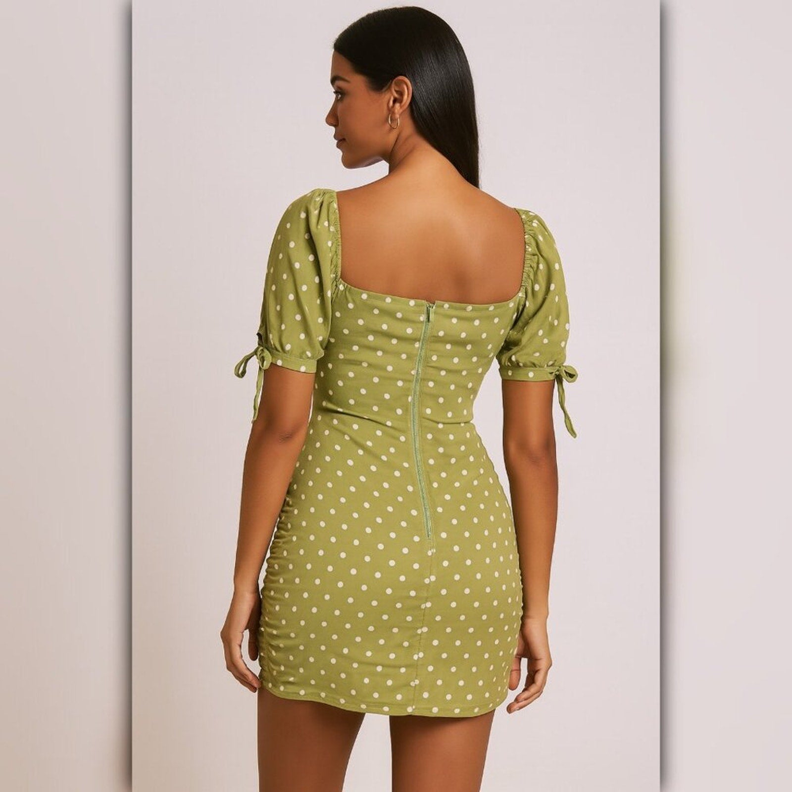 A471 • Olive Polka Dot Puff Sleeve Ruched Mini Dress