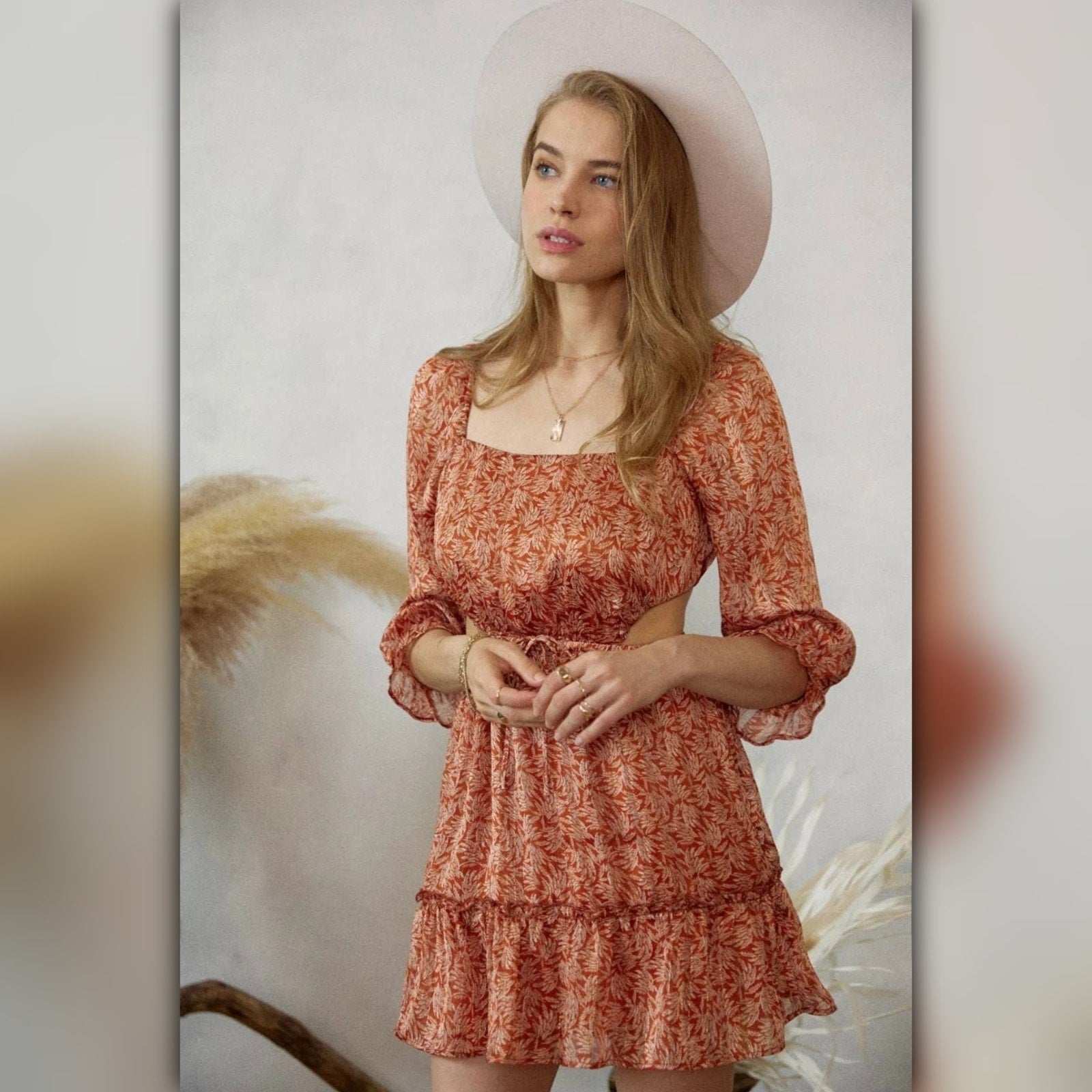 A209 • Rust Metallic Floral Cutout Mini Dress