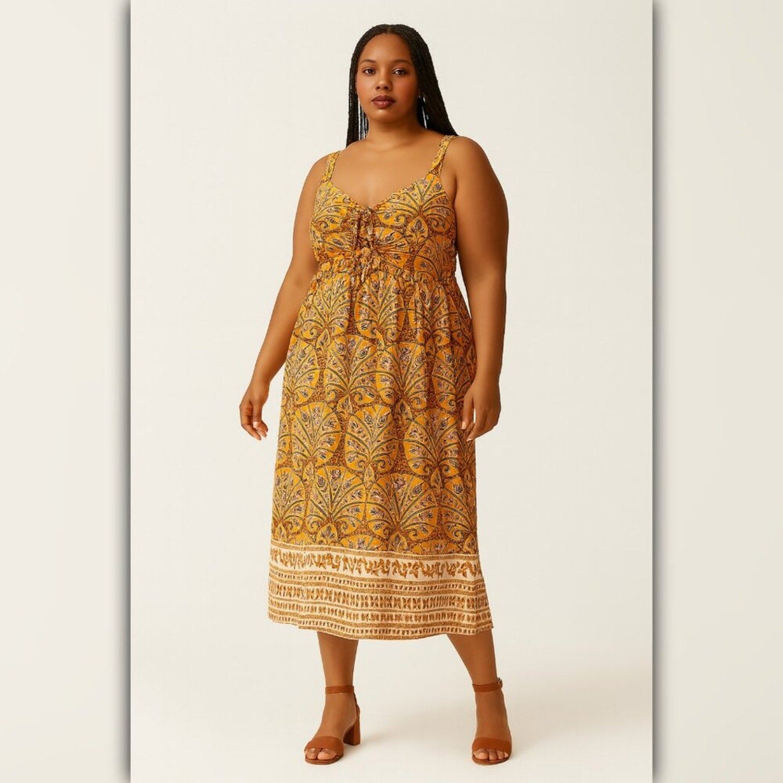 A465 • Boho Orange Paisley Border Print Midi Dress