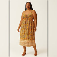 A465 • Boho Orange Paisley Border Print Midi Dress