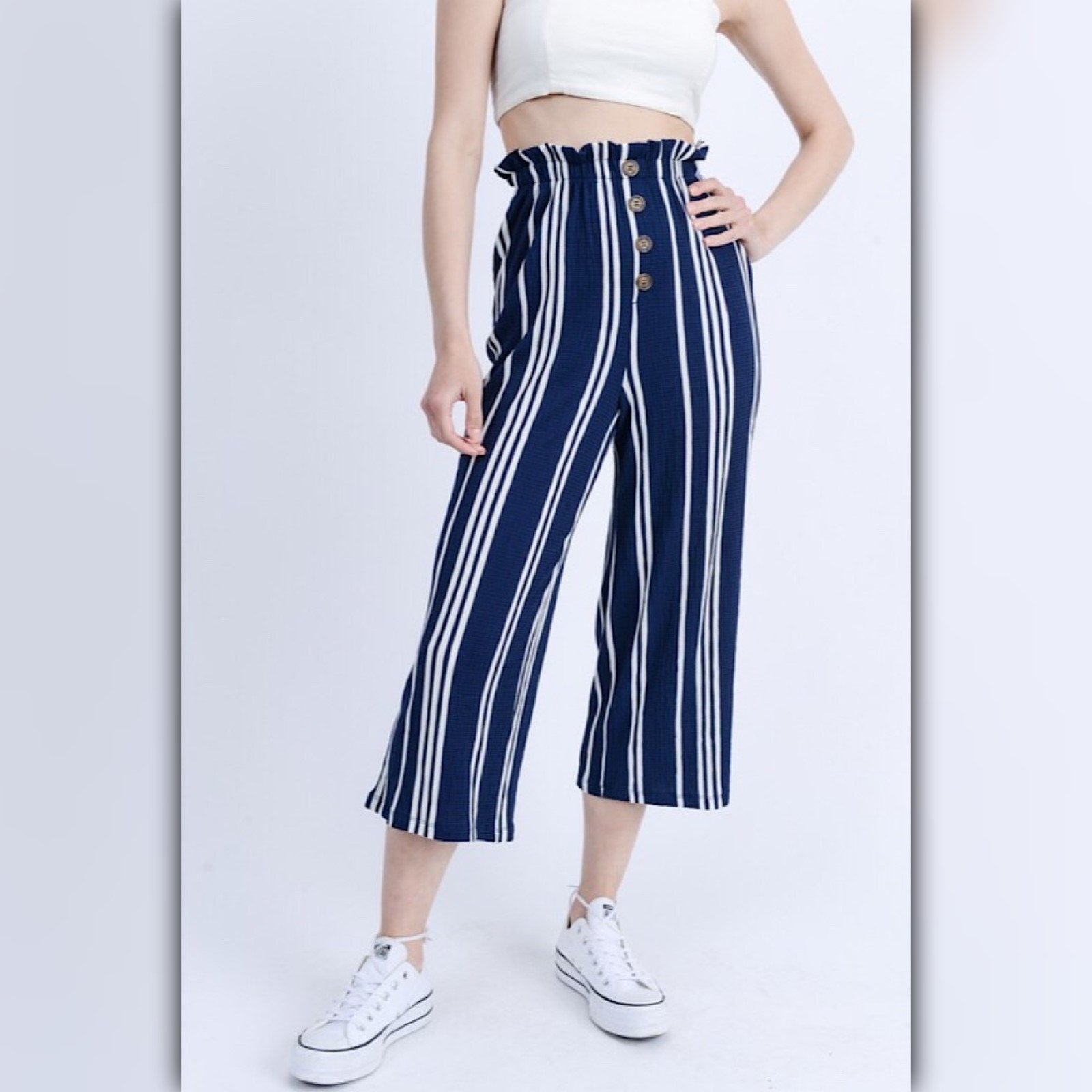 A587 • Navy Striped Wide Leg Cropped Pants