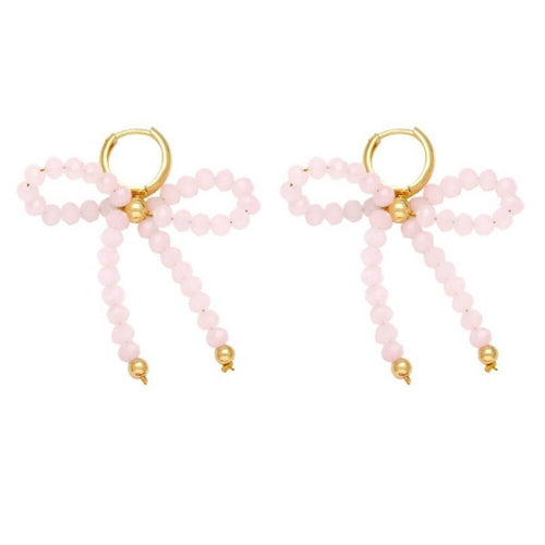 A501 • Pink Beaded Bow Drop Earrings Gold Hoop Statement