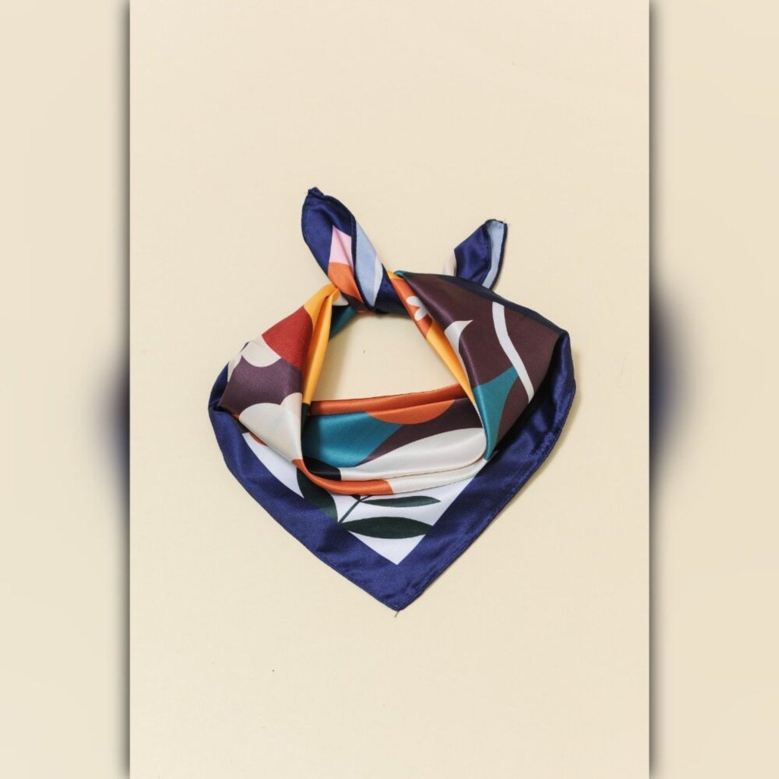 A218-F • Bold Botanical Silky Bandana Scarf Square Floral Satin Feel Multicolor Navy Border