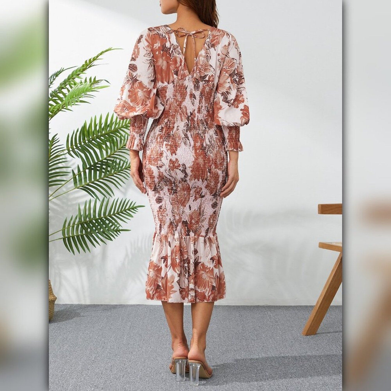 A063 • Rust Floral Smocked Mermaid Midi Dress