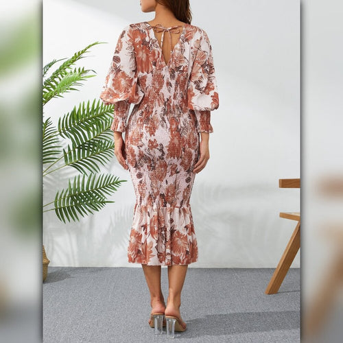 A063 • Rust Floral Smocked Mermaid Midi Dress