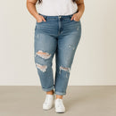 A441 • Distressed Mid Rise Boyfriend Jeans Medium Wash Denim