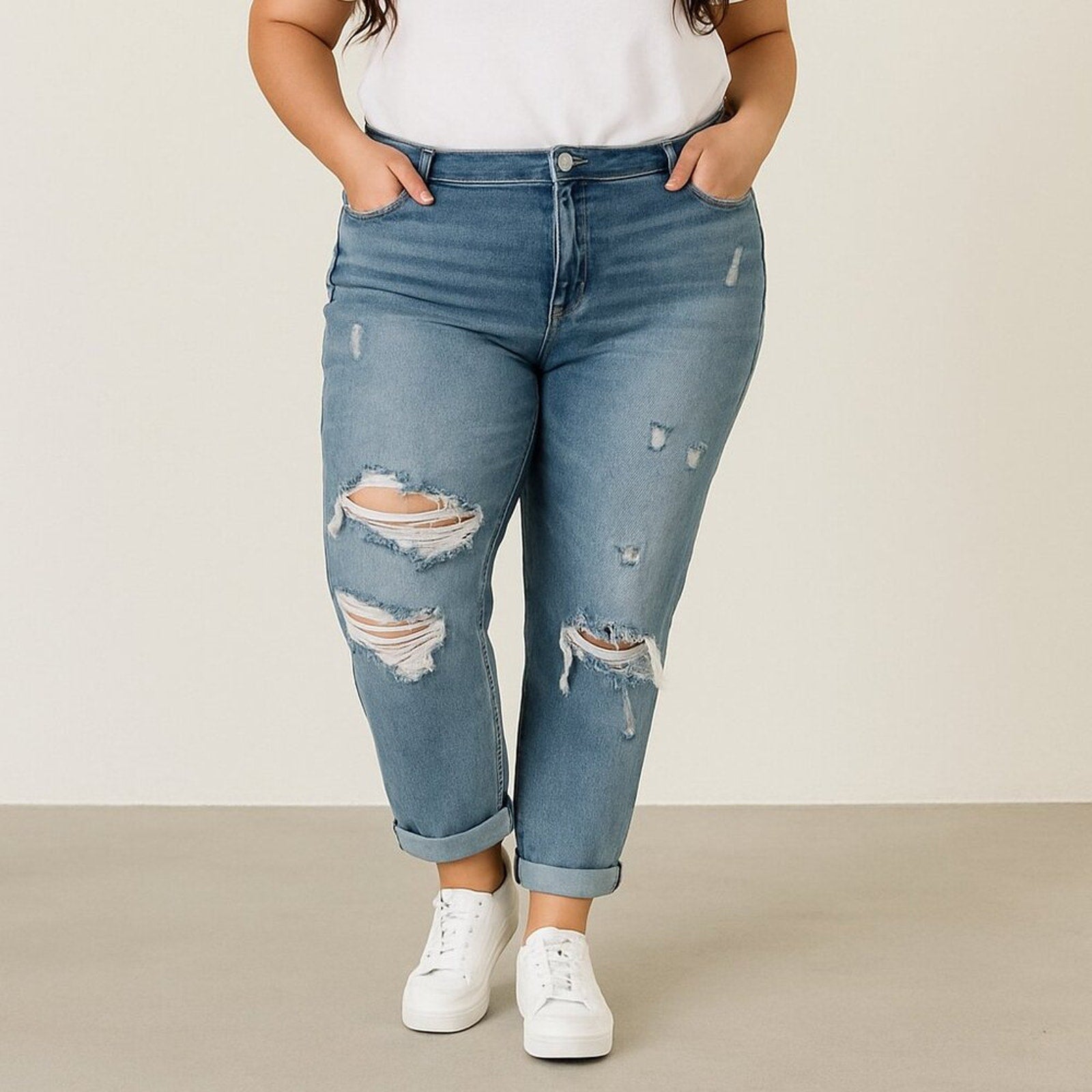 A441 • Distressed Mid Rise Boyfriend Jeans Medium Wash Denim