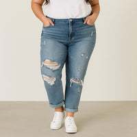 A441 • Distressed Mid Rise Boyfriend Jeans Medium Wash Denim