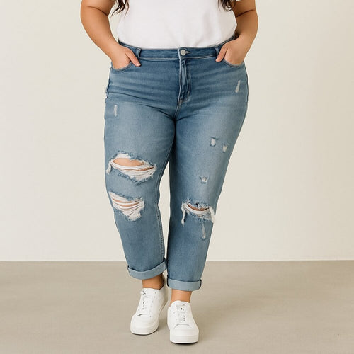 A441 • Distressed Mid Rise Boyfriend Jeans Medium Wash Denim
