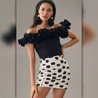 A236 • Ruched Black Polka-Dots White Mini Skirt