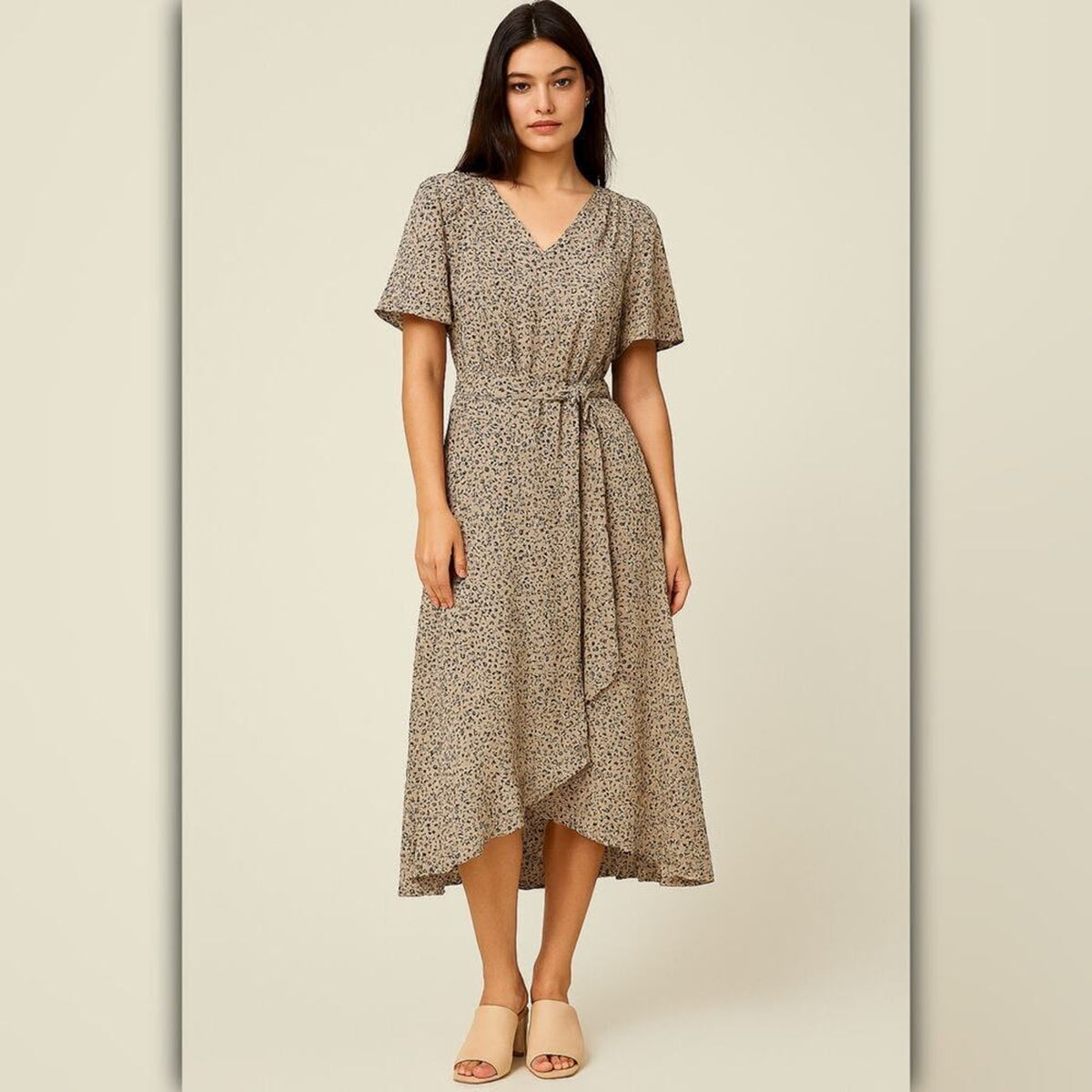 A427 • Taupe Leopard Print Tie Waist High-Low Midi Dress
