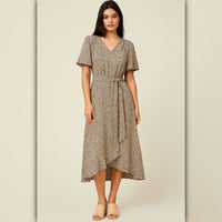 A427 • Taupe Leopard Print Tie Waist High-Low Midi Dress