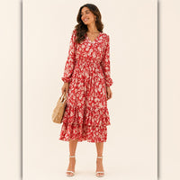 A030-A • Coral Floral Tiered Midi Dress With Long Sleeves