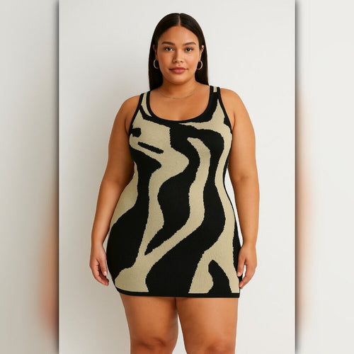 Woman wearing a black and beige patterned dress against a plain background