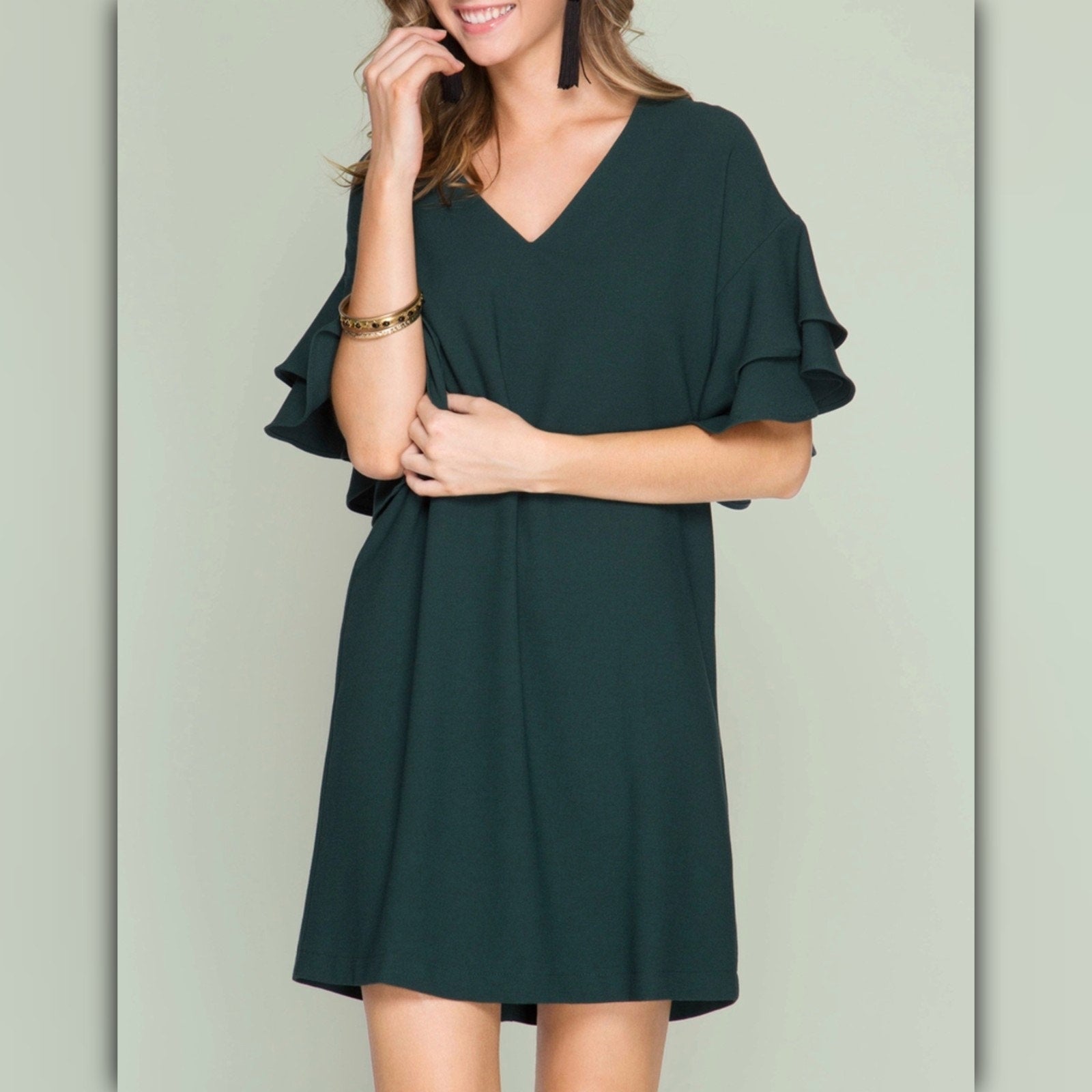 A066 • Hunter Green Ruffle Sleeve Shift Dress