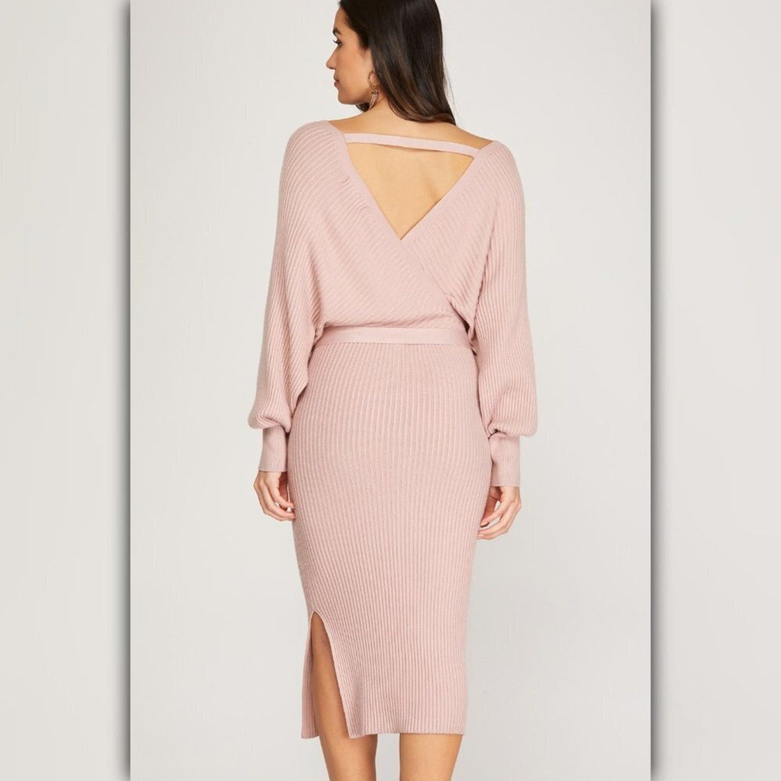 A492 • Misty Pink Wrap Knit Midi Sweater Dress