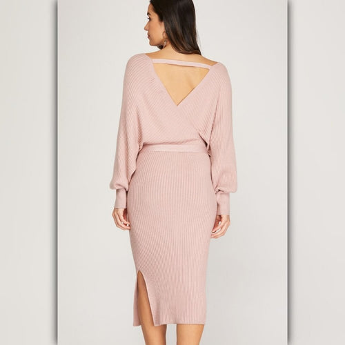 A492 • Misty Pink Wrap Knit Midi Sweater Dress