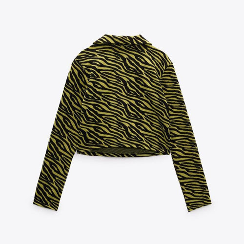 Zebra print long-sleeve top on a white background