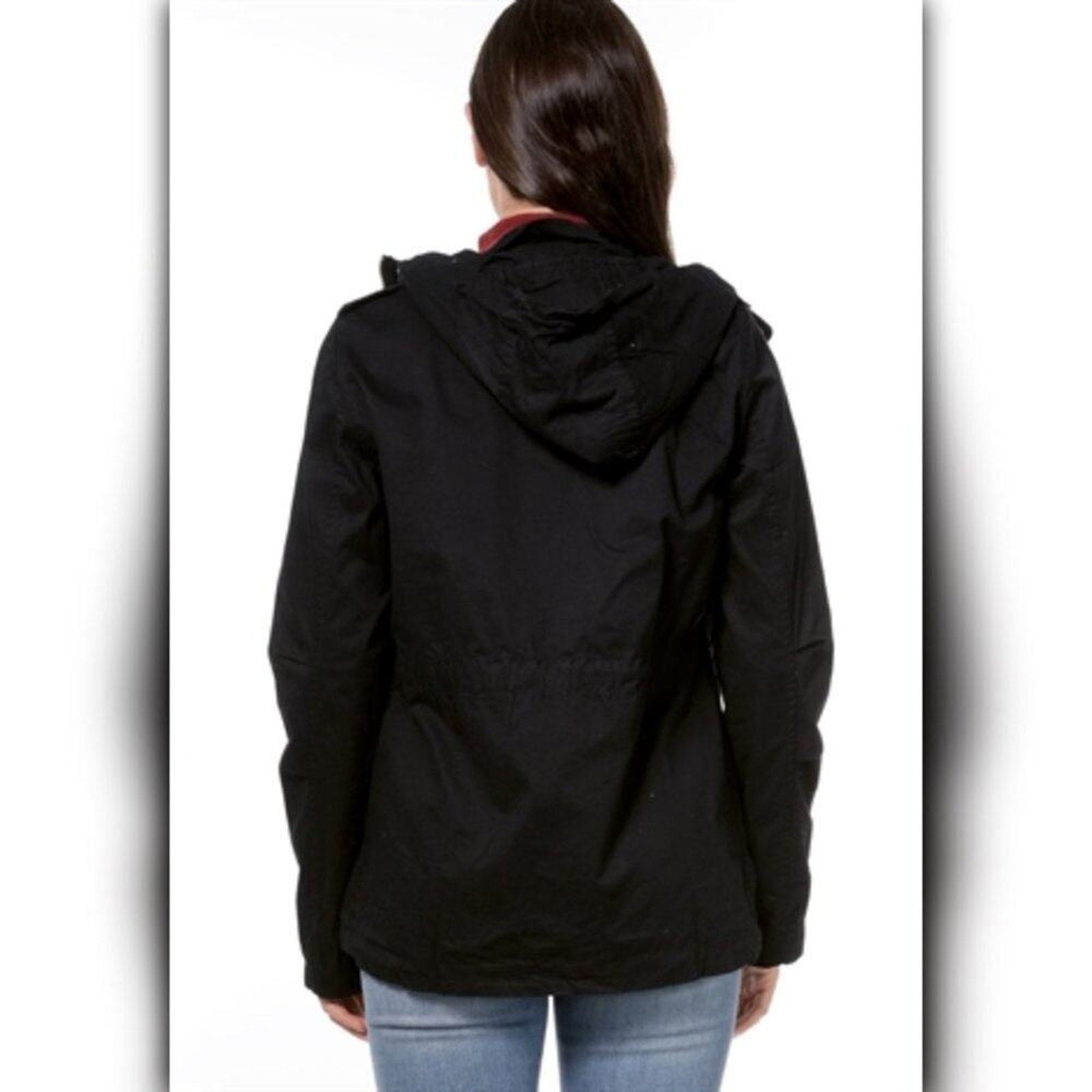 A321-B • Black Hooded Utility Jacket Lightweight Snap Zip Coat