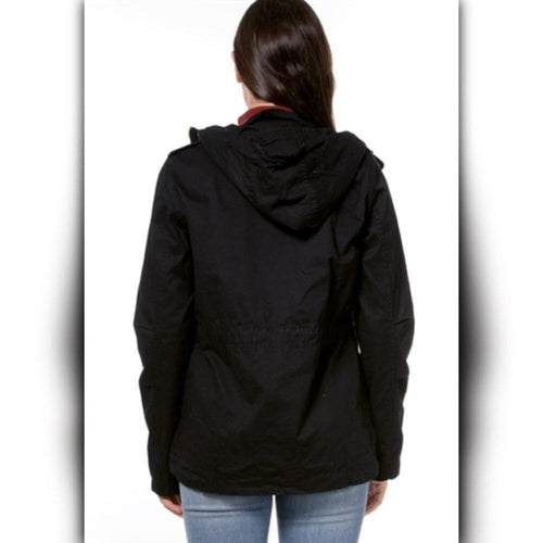 A321-B • Black Hooded Utility Jacket Lightweight Snap Zip Coat