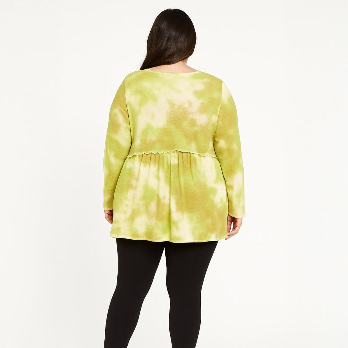 A518 • Green Tie-Dye Textured Waffle Knit Babydoll V-Neck Long Sleeve Top