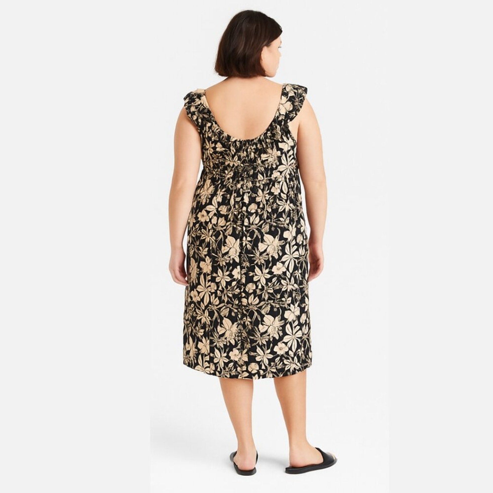 A464 • Black Floral Midi Dress with Ruffle Sleeves & Slit