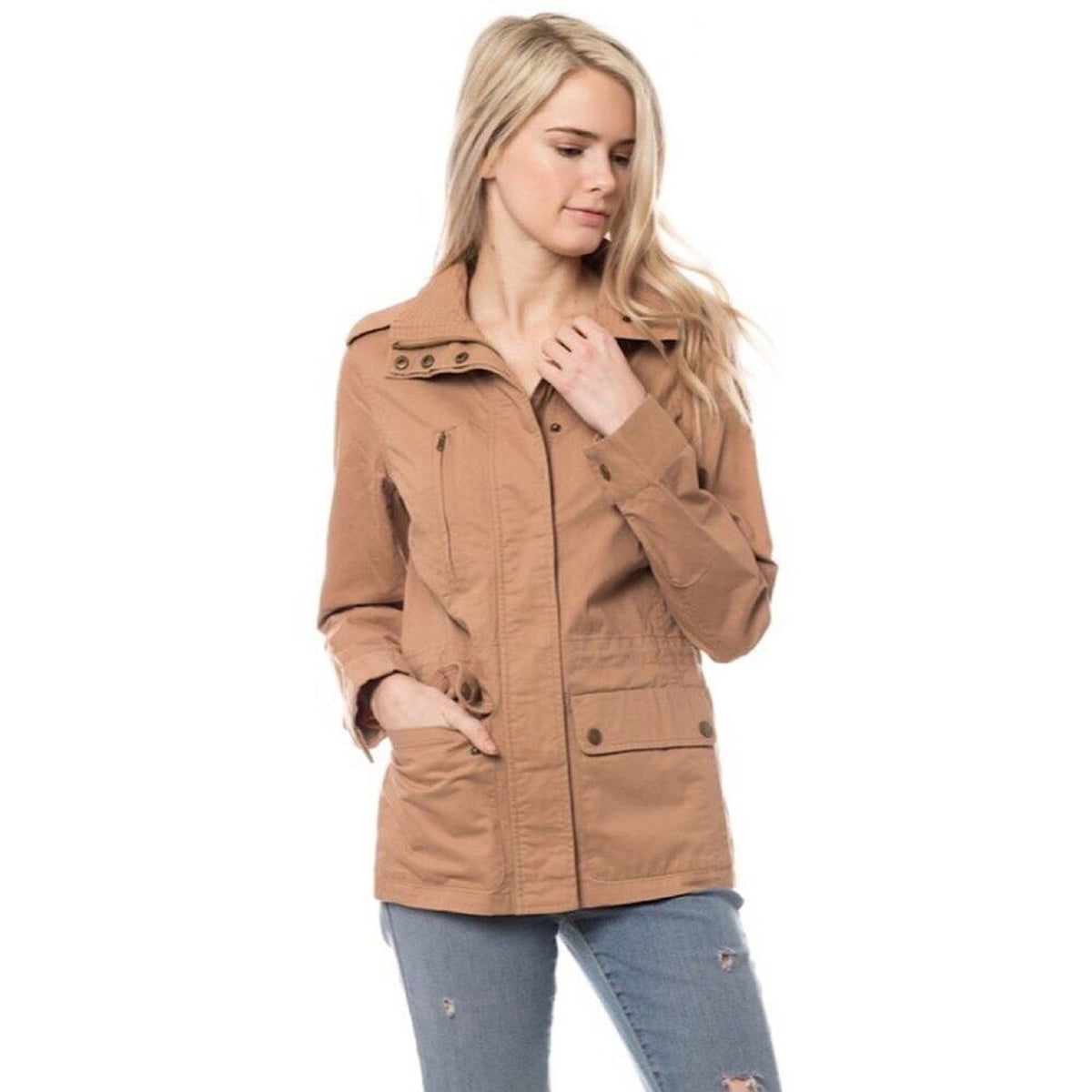 A216-A • Taupe Cotton Utility Anorak Drawstring Military Jacket